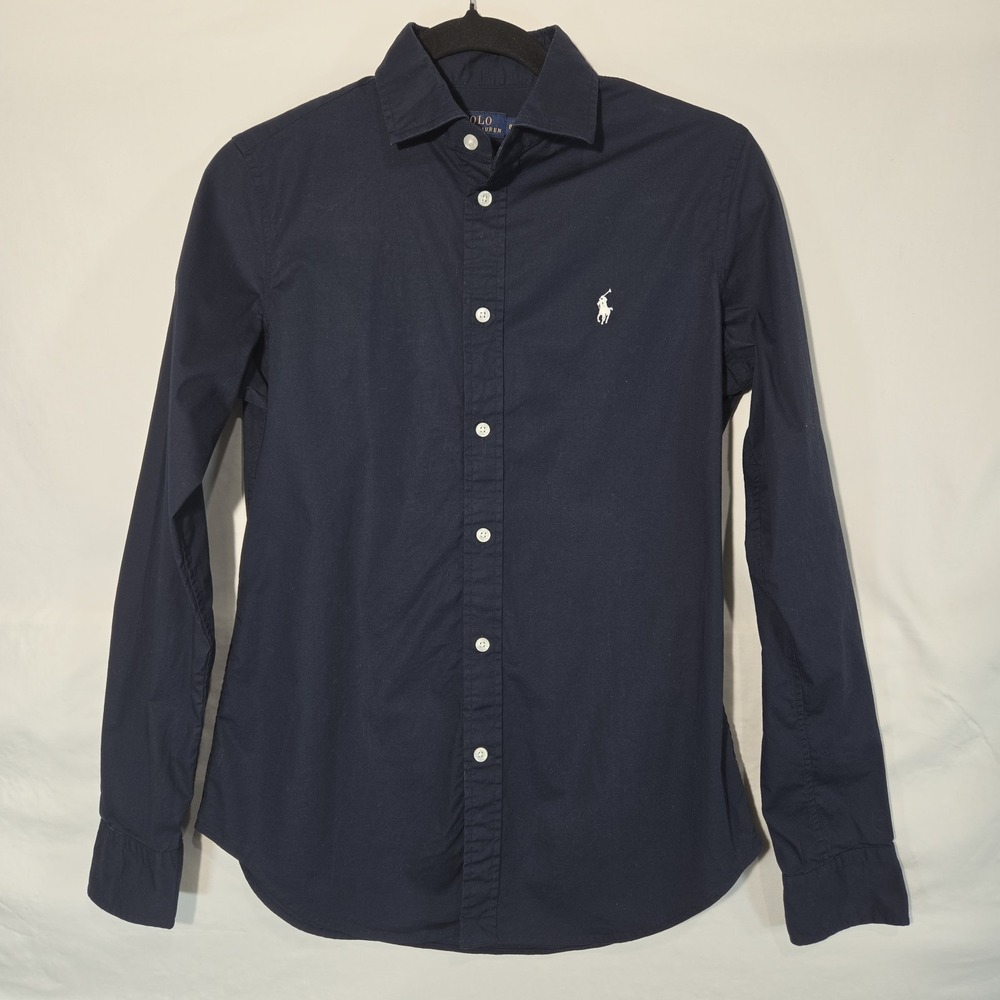 Polo Ralph Lauren Poplin Shirt Womens 8 Blue Button Down Stretch LS White Pony
